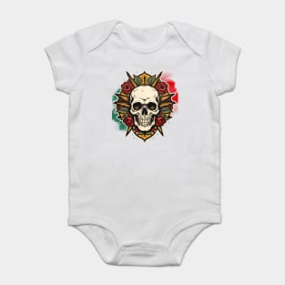 Rebel Roses: Gothic Skull Surrounded by Lush Florals, Dartboard-Inspired, Edgy Tattoo Artwork Baby Bodysuit